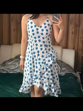 Kenzo White Midi Dress with Blue Rose Print.